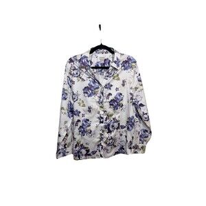 Chico's Women's Shirt No-Iron Button Print Blue Cotton Size 3 XL Office Floral
